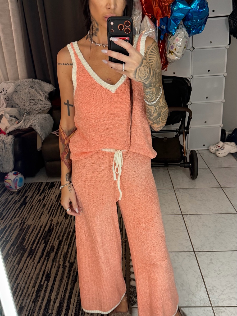 Splendid Coral Knit V-Neck Tank & Drawstring Wide-Leg Lounge Set